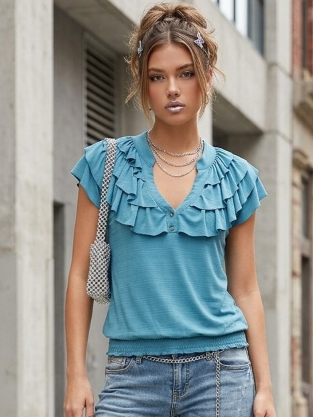 Vintage Y2K Teal Ruffle V-Neck Blouse – Flutter Sleeves & Smocked Band